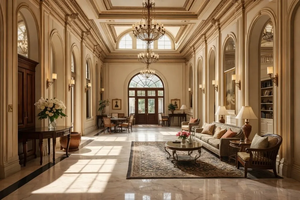 Hotel lobby with polished marble floors and carefully arranged furnishings