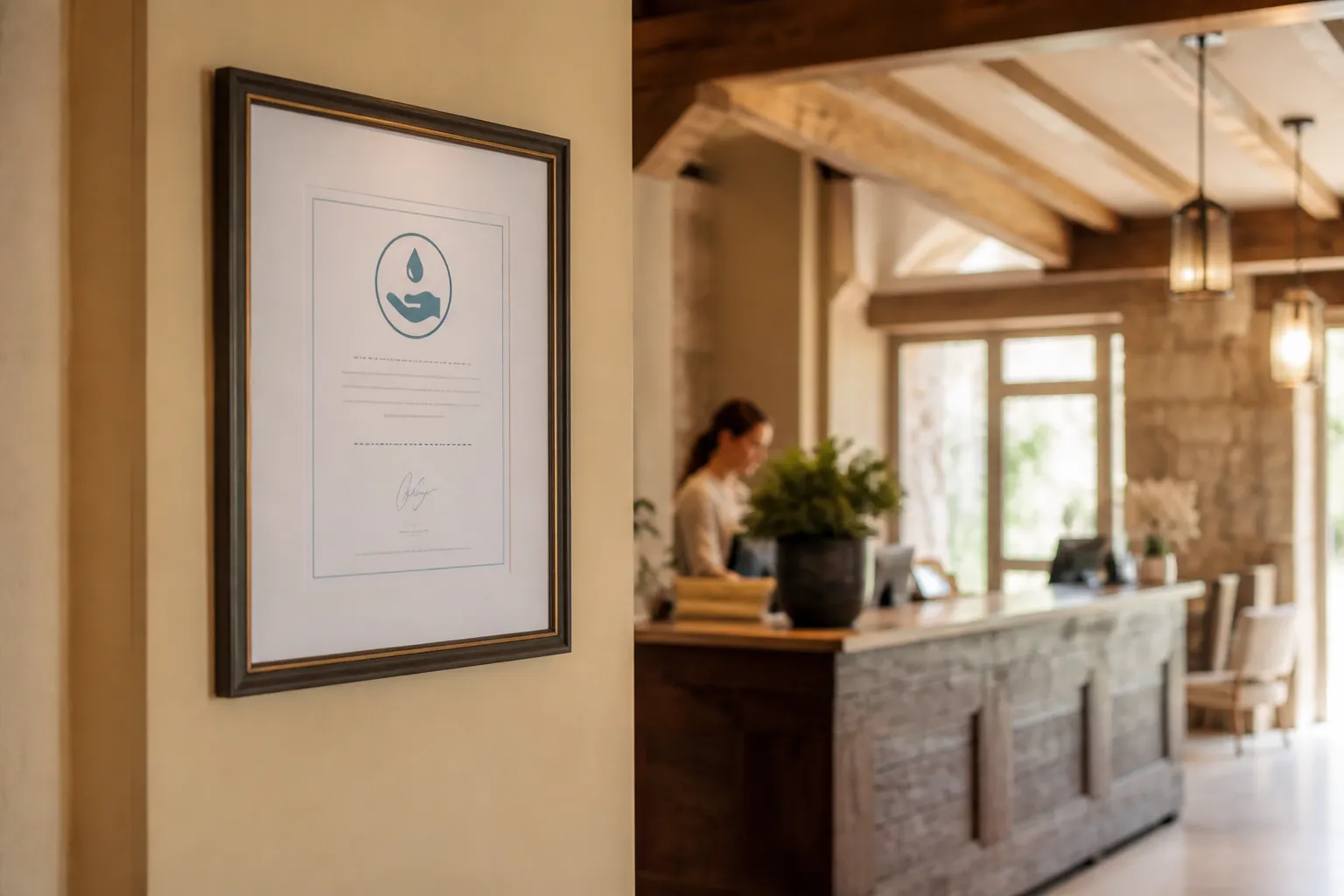 Hygiene certificate displayed in a hotel lobby