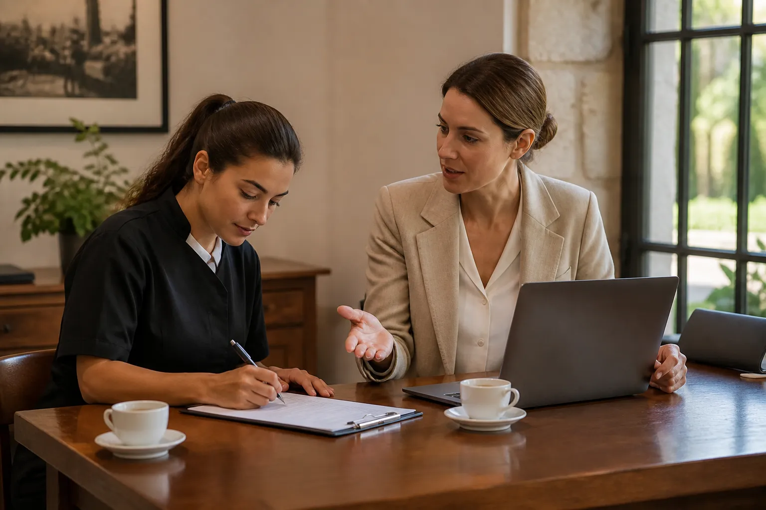 Hotel manager signing a contract with a cleaning supplier