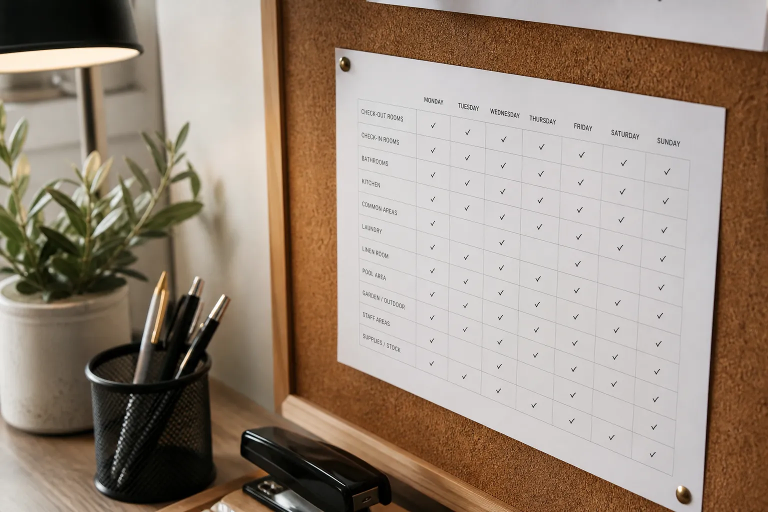 Weekly cleaning schedule pinned up in a housekeeping office