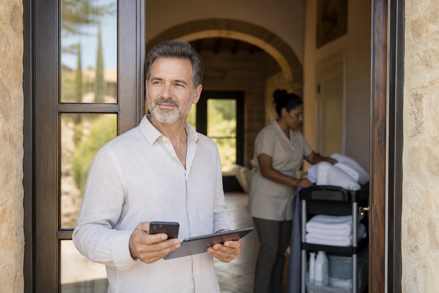 Owner coordinating check-out and cleaning at a vacation rental