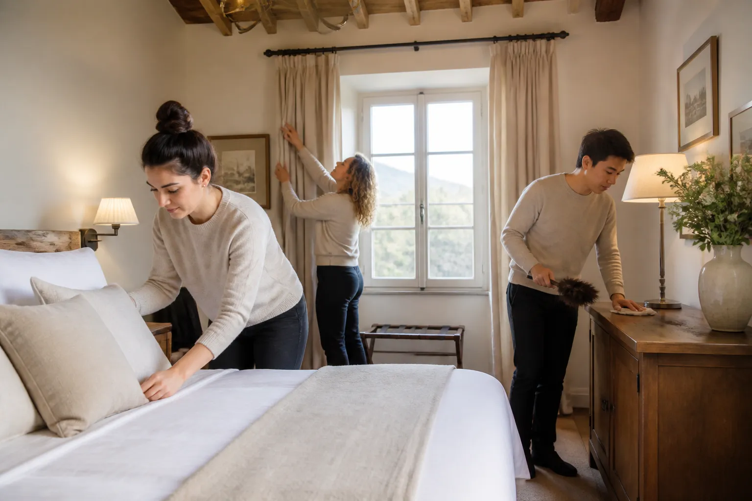 Team preparing rooms ahead of a new season opening
