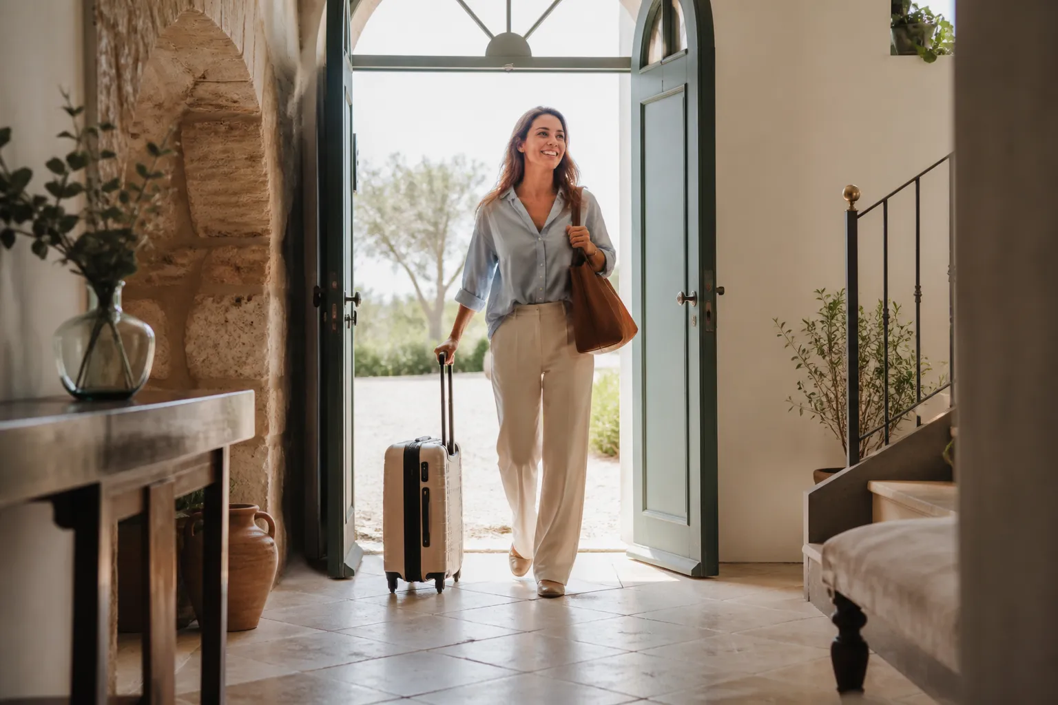 Guest looking approvingly at a clean hotel entrance upon arrival