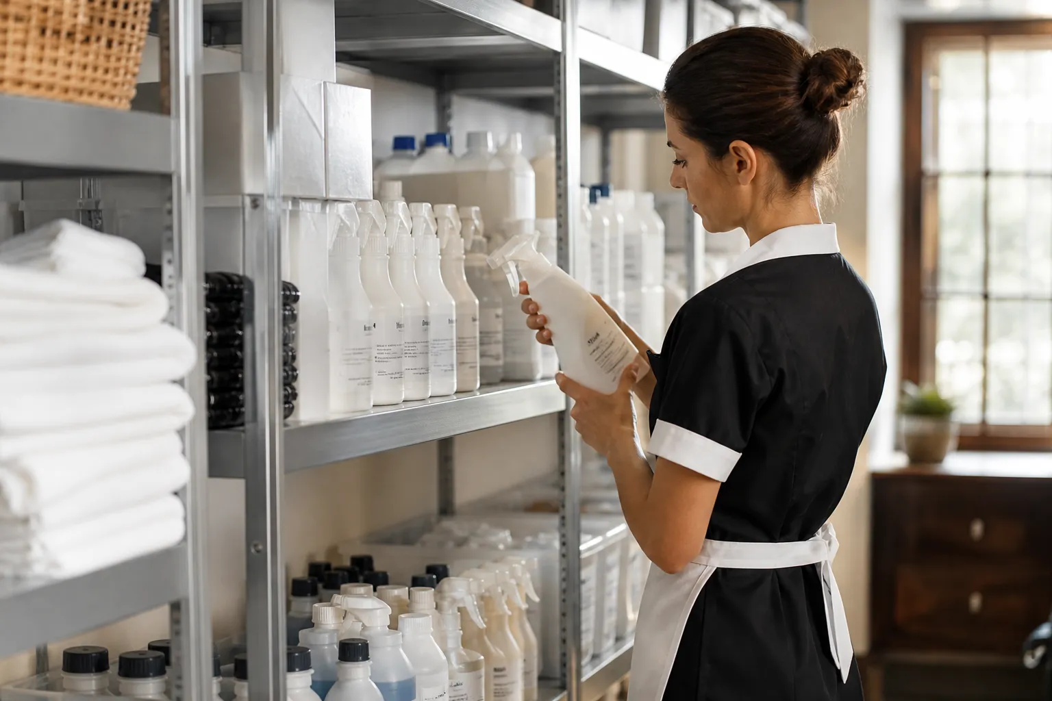 Shelf of professional sanitising products for hospitality businesses