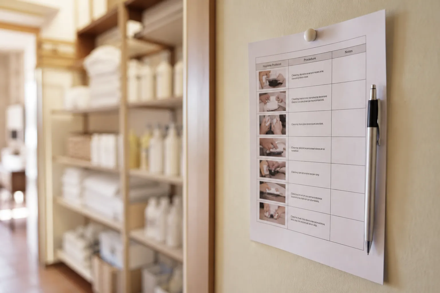 Hygiene protocol document pinned up in a housekeeping office