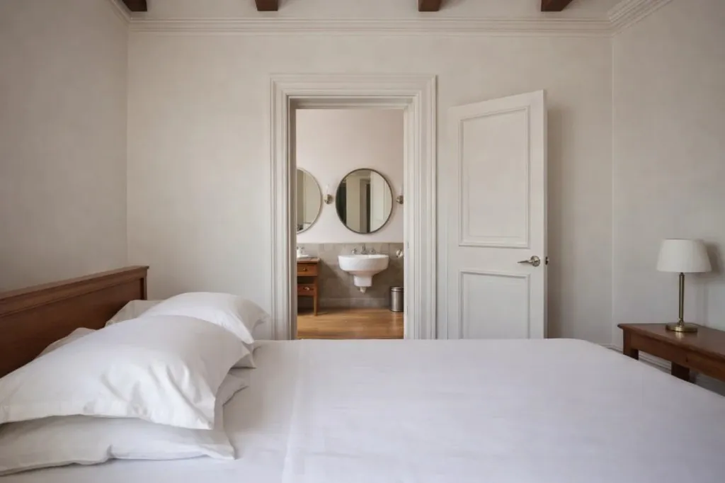 Hotel room with a freshly made bed and private bathroom, ready for check-in