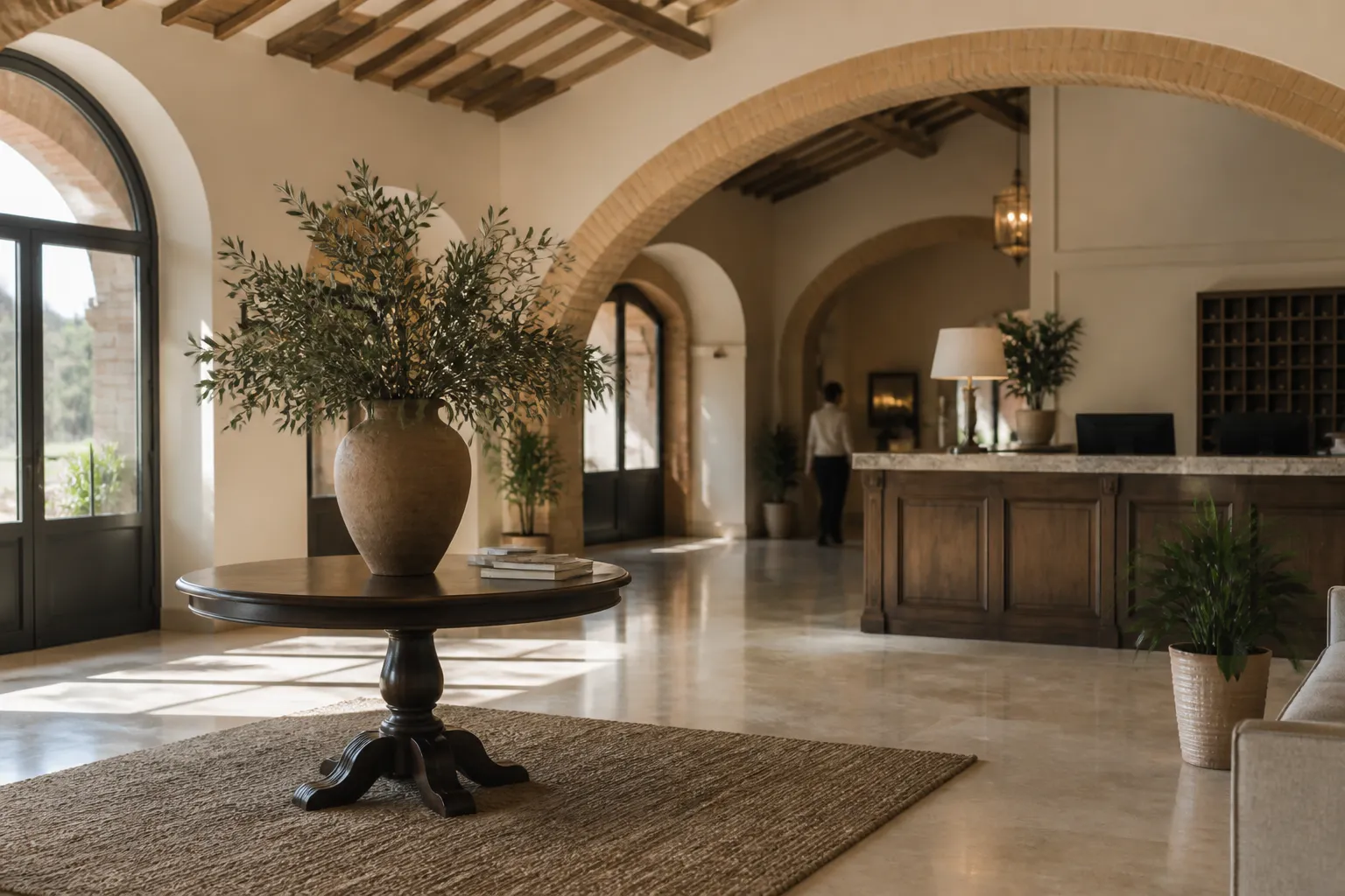 Hotel lobby with polished floors and a clean reception desk