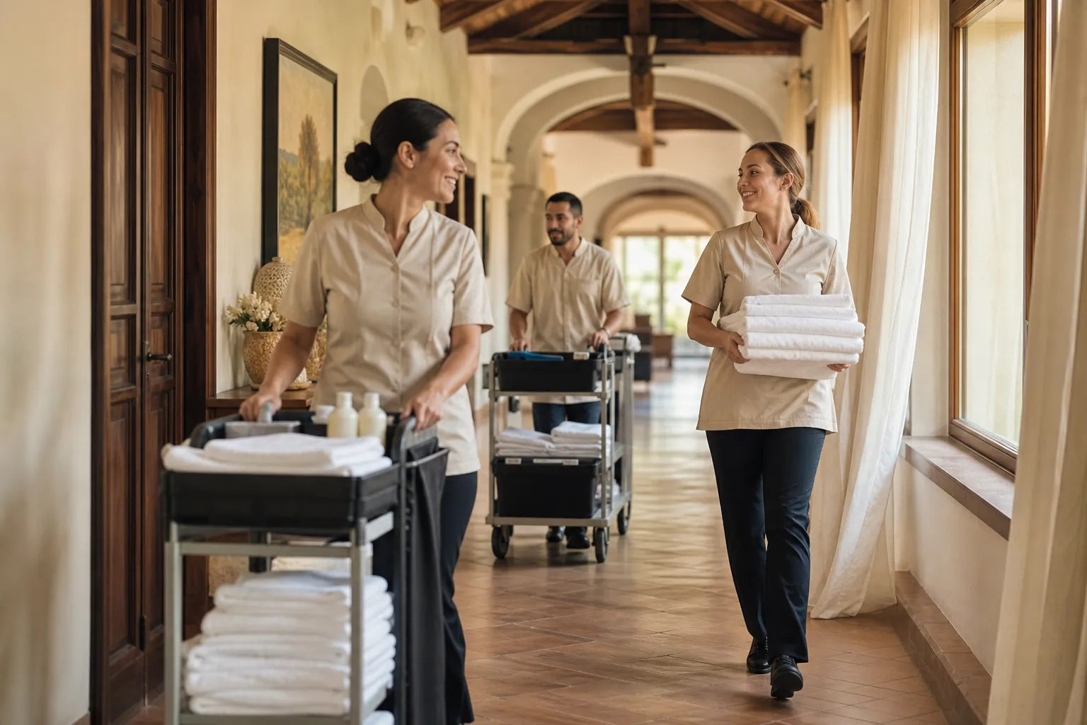 Cleaning team at work during peak season in a hotel