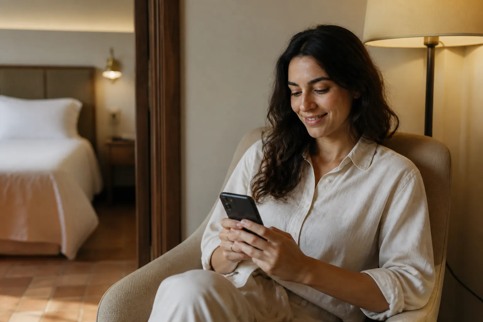 Guest reading hotel cleanliness reviews on their smartphone