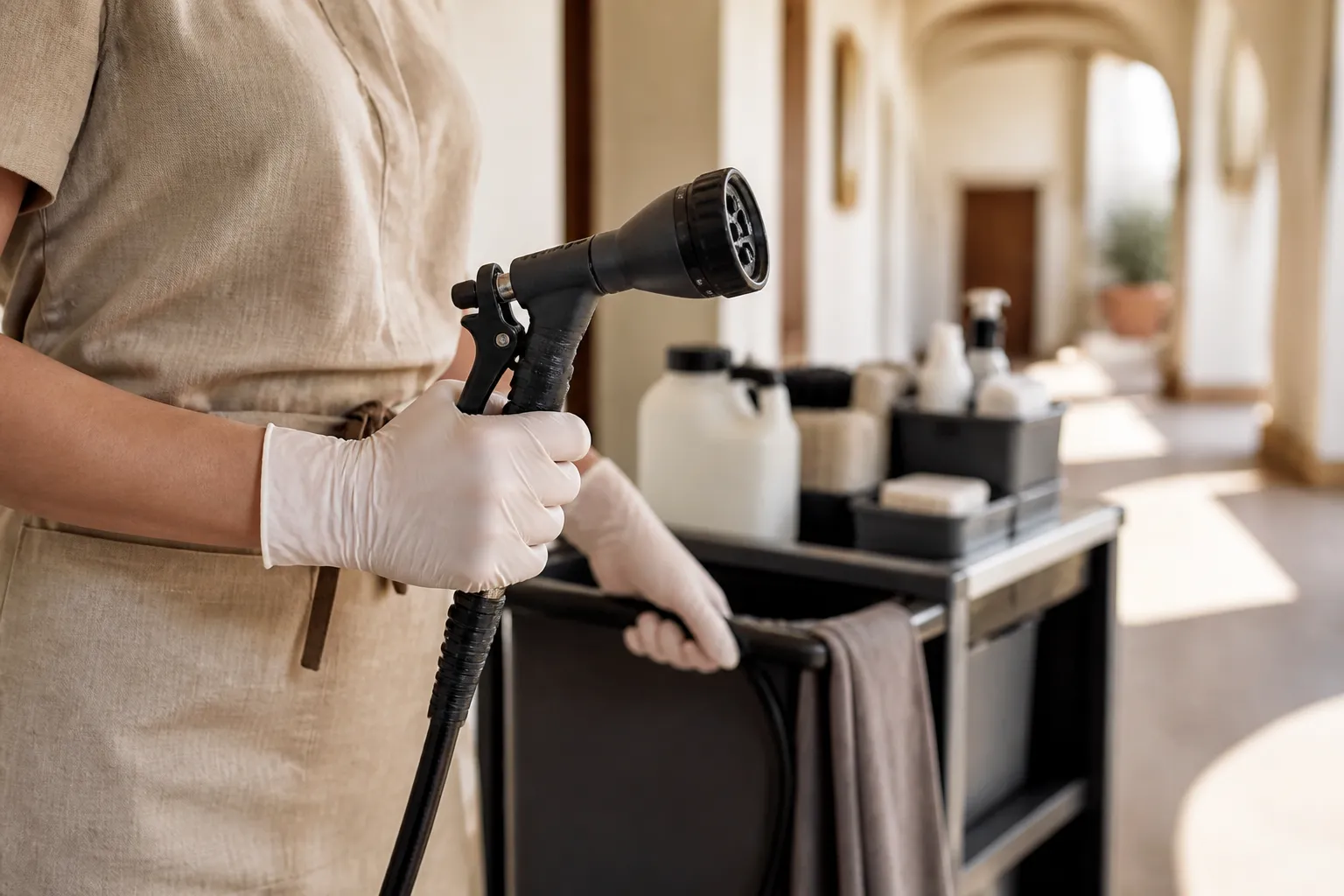 Low water consumption cleaning equipment in a hotel