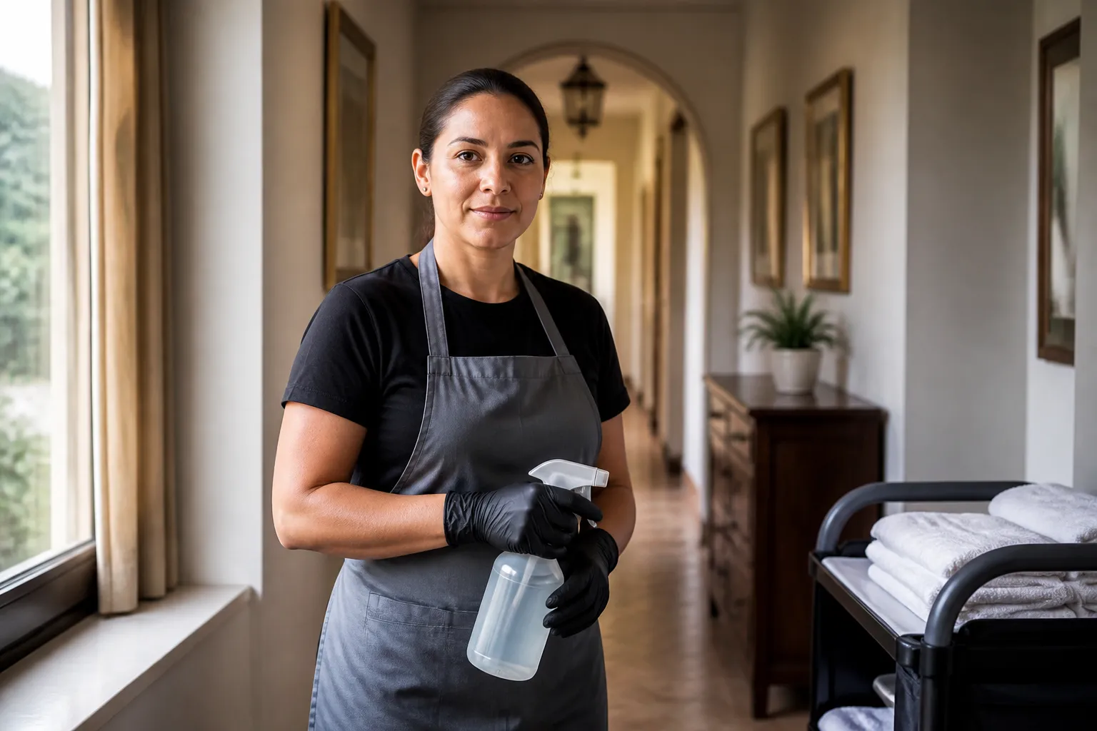 Hotel cleaner wearing personal protective equipment