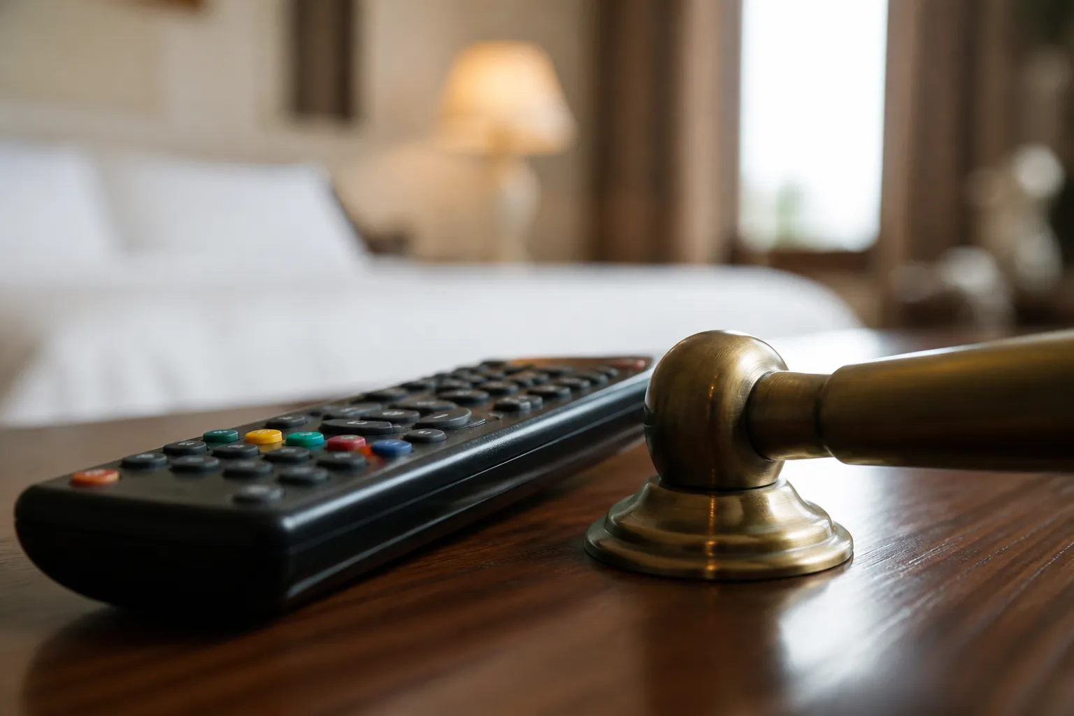 Close-up of a sanitised handle and remote control in a hotel room