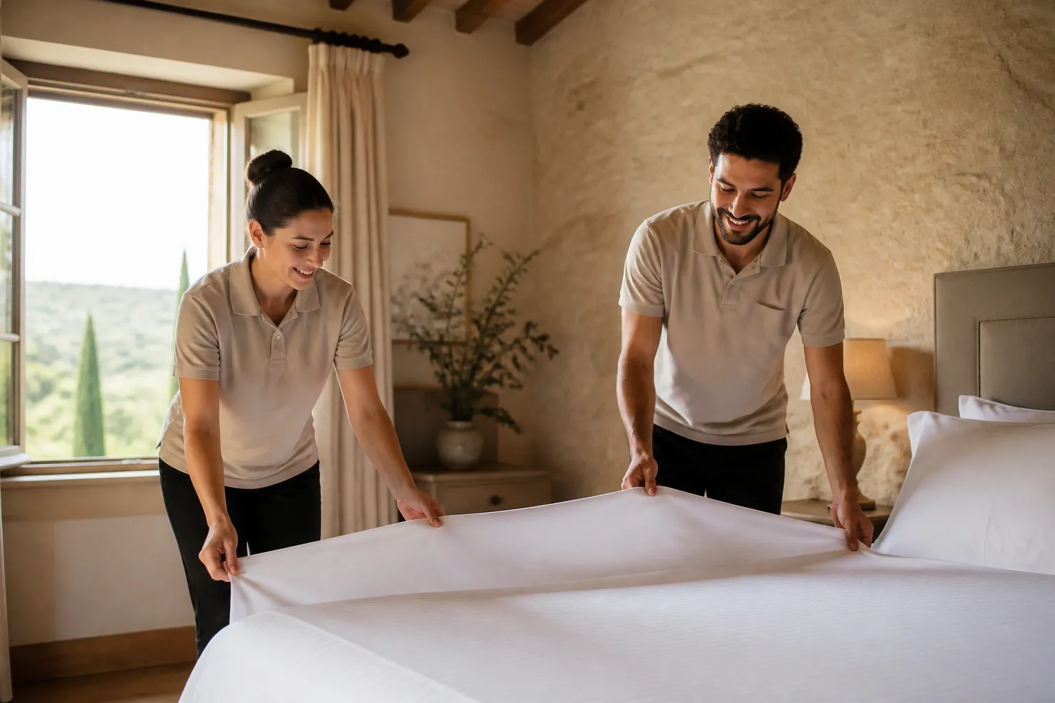 Outsourced cleaning team at work in a hotel